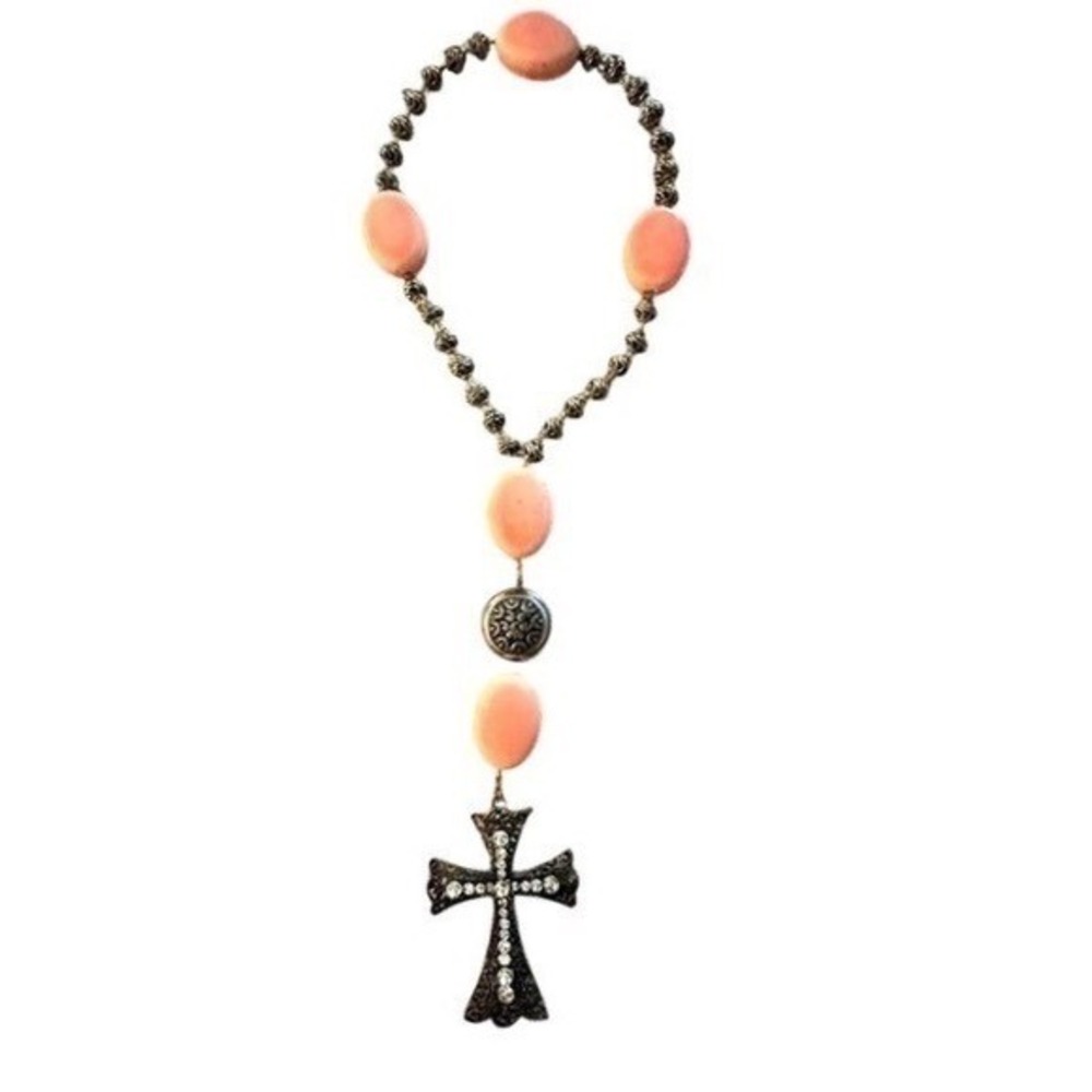 Decorative Rosary Cross About 14in Pink Silver Filigree Rhinestone Faith Jewelry